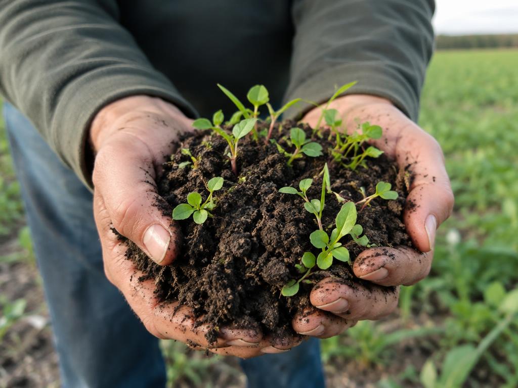 Hands holding dark soil with young green sprouts